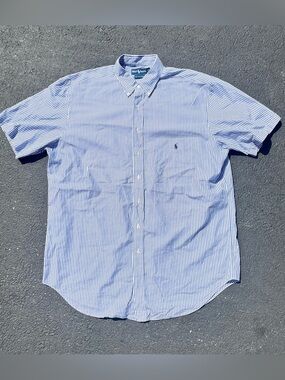 Vintage Ralph Lauren Blue White Striped Short-Sleeve Button-Down Shirt Size XLT
